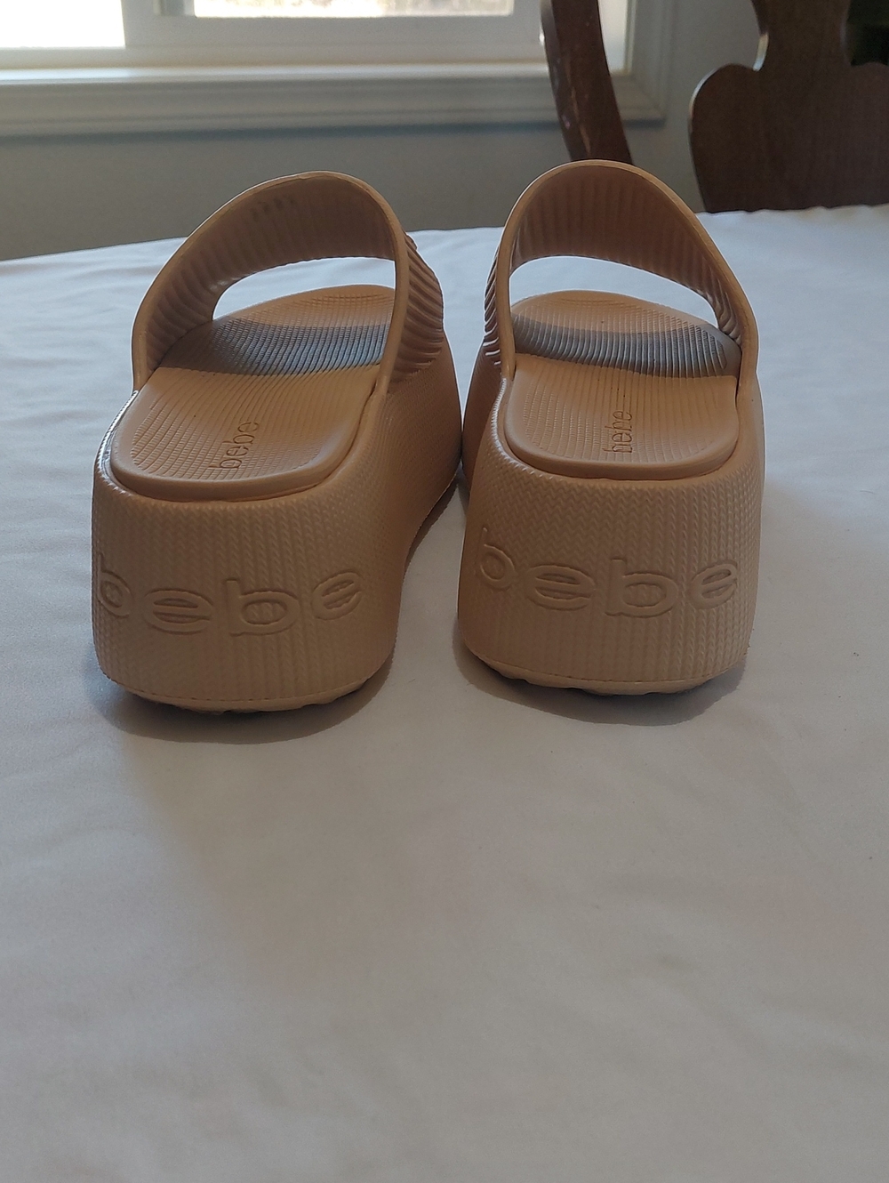 bebe Nude/Tan Slide Sandals with Logo Strap.Size 9 .Platforms Are Around 3" - Picture 5 of 6